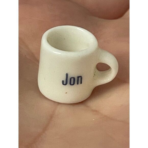 Vintage Miniature White Ceramic Coffee Mug With name Jon Spell Out Dollhouse - Picture 1 of 5